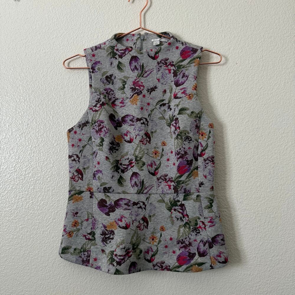 Halogen tulip floral print high neck peplum top gray purple sleeveless